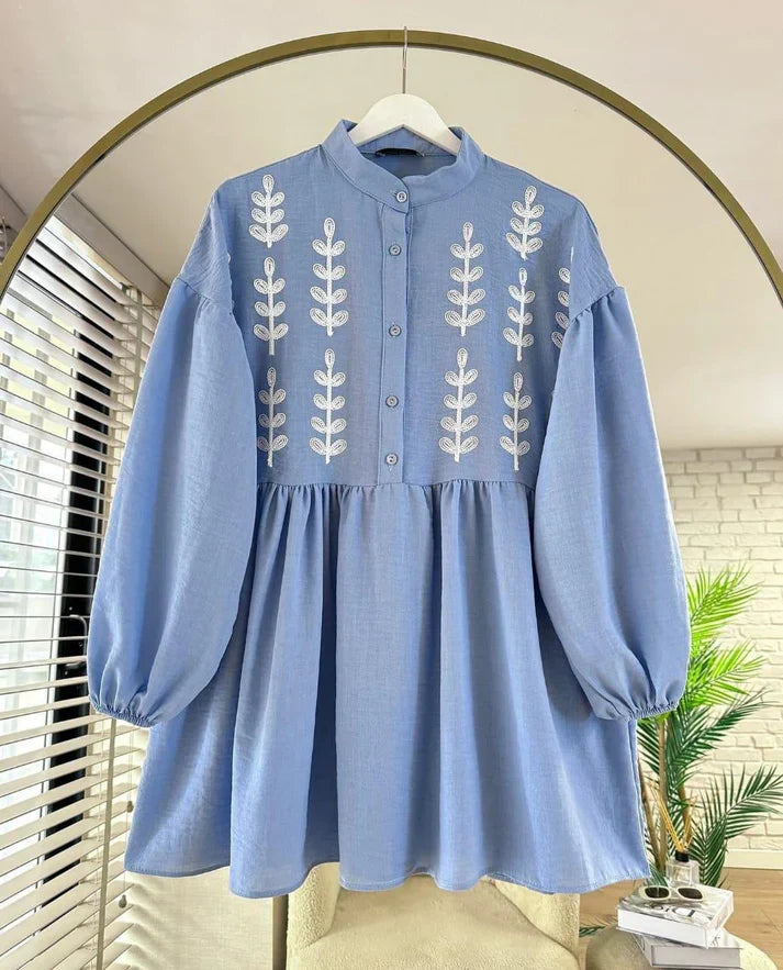 Leaf Embroidered Half Buttoned Cotton Tunic