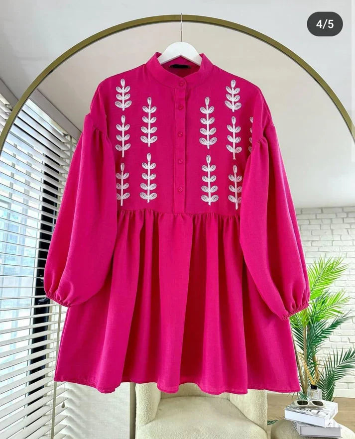 Leaf Embroidered Half Buttoned Cotton Tunic
