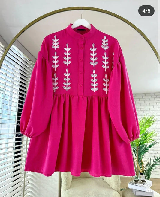 Leaf Embroidered Half Buttoned Cotton Tunic