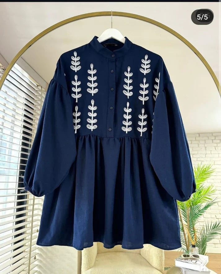 Leaf Embroidered Half Buttoned Cotton Tunic