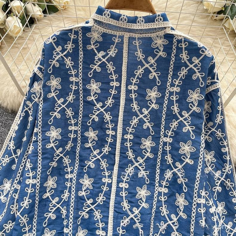 Spring Full Sleeve Polo Collar Casual Blouses Women Embroidery Shirt