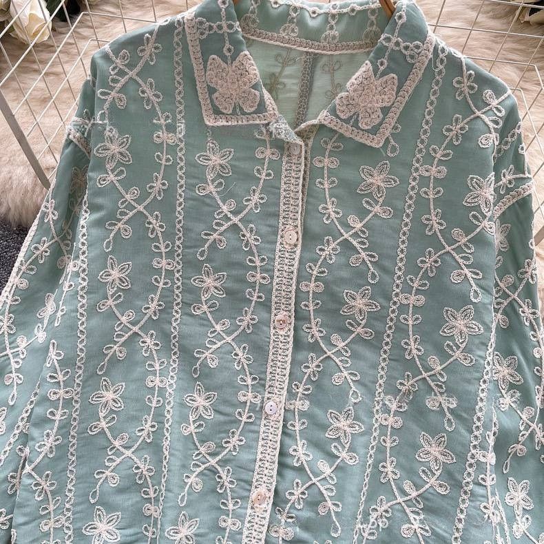 Spring Full Sleeve Polo Collar Casual Blouses Women Embroidery Shirt