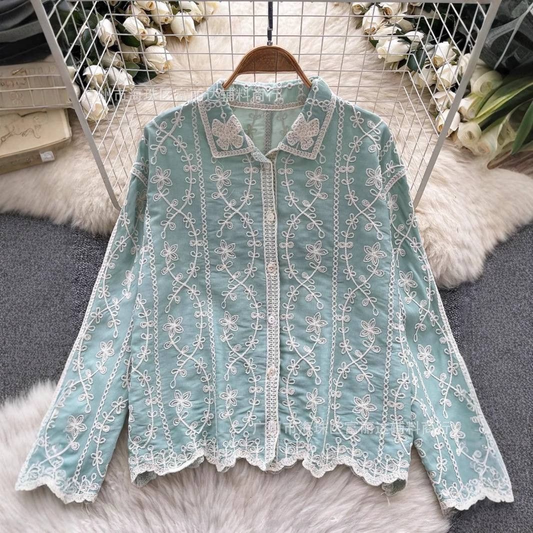 Spring Full Sleeve Polo Collar Casual Blouses Women Embroidery Shirt