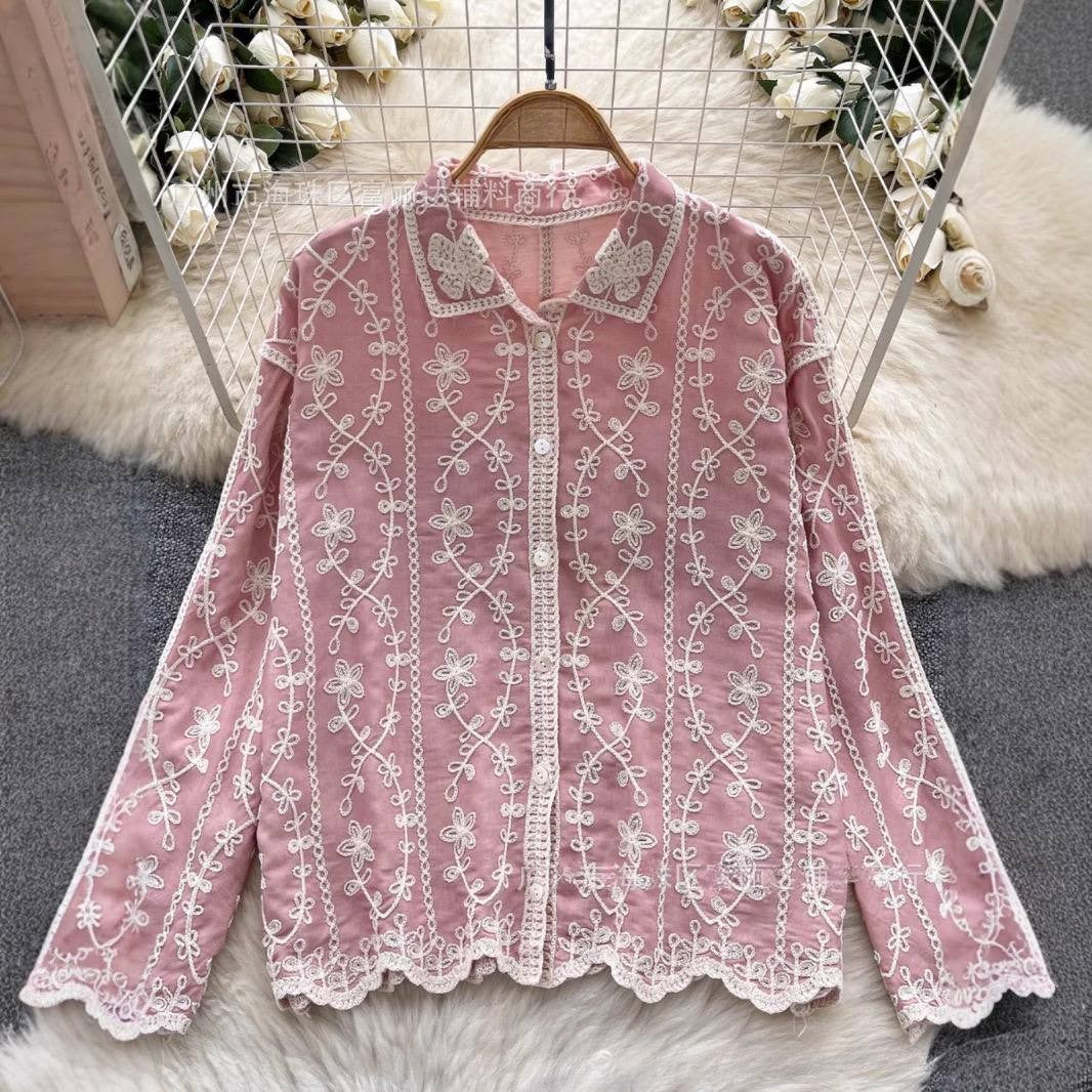 Spring Full Sleeve Polo Collar Casual Blouses Women Embroidery Shirt