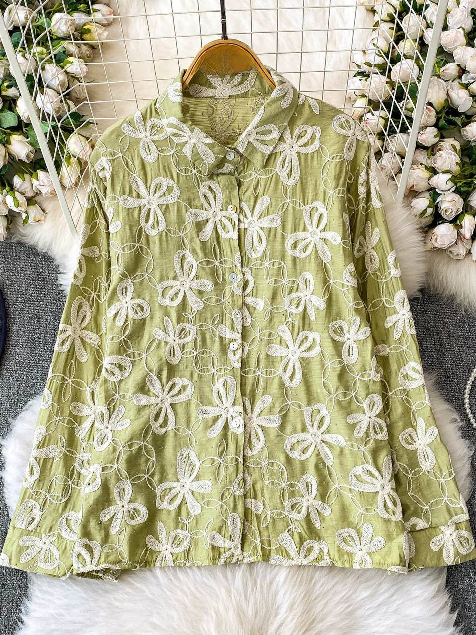 Stylish Cotton Shirt with All-Over Embroidery