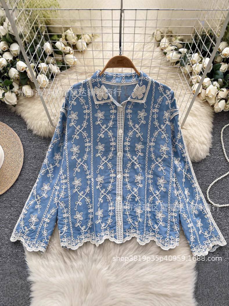 Spring Full Sleeve Polo Collar Casual Blouses Women Embroidery Shirt