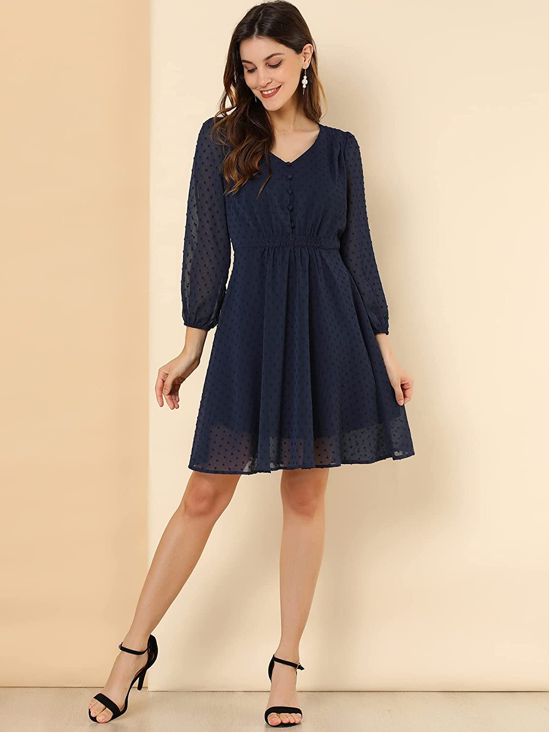 Gorgeous Navy Blue Fit & Flare V-Neck Georgette Dress