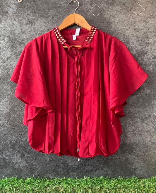 Embelish Mirror Embroidered Neck Flare Sleeve Top