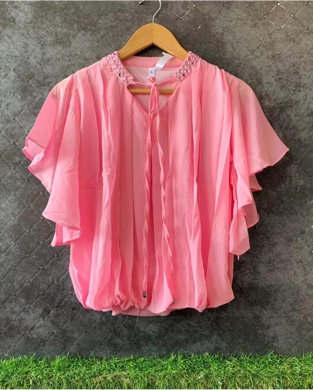 Embelish Mirror Embroidered Neck Flare Sleeve Top