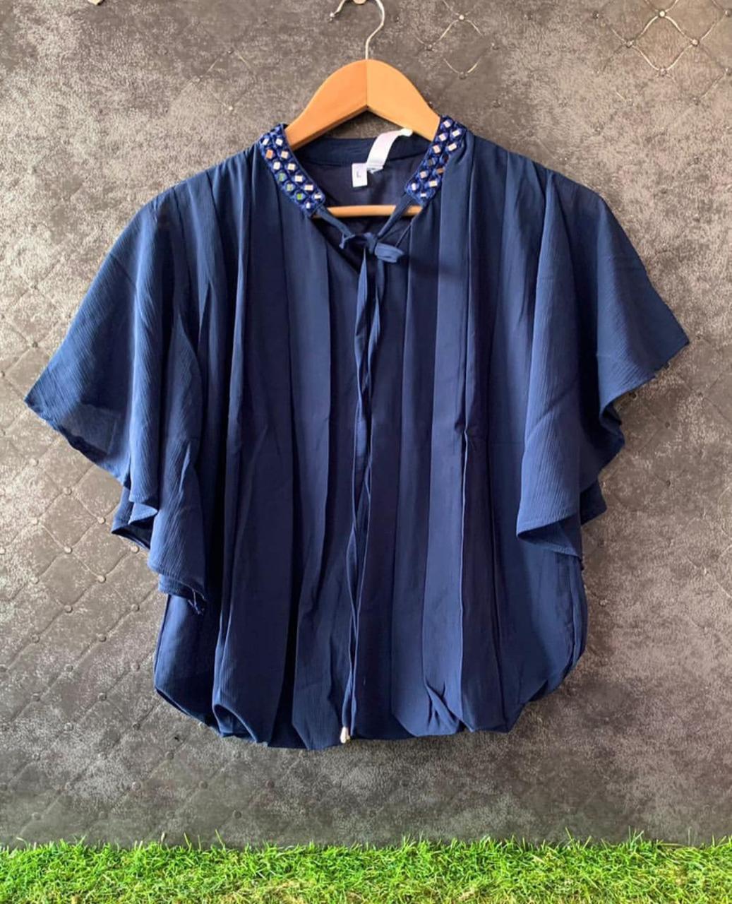 Embelish Mirror Embroidered Neck Flare Sleeve Top