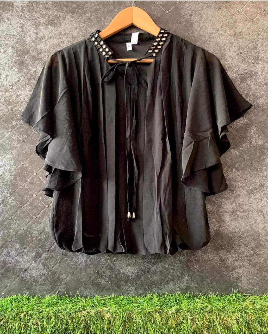 Embelish Mirror Embroidered Neck Flare Sleeve Top