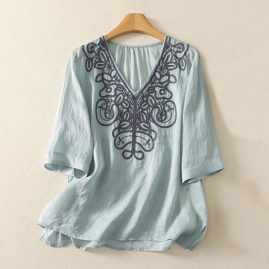 Vintage Organic Cotton Tunic with V-Neck Embroidery