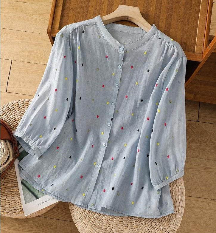 Pure Cotton Casual Shirt With Colorful Embroidered Butties