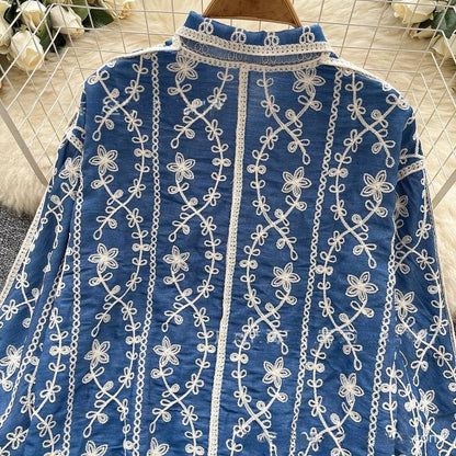 Spring Full Sleeve Polo Collar Casual Blouses Women Embroidery Shirt