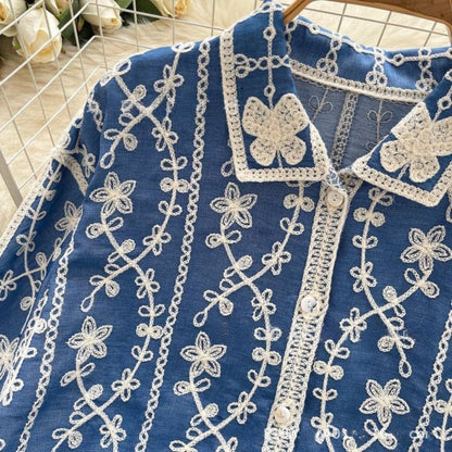 Spring Full Sleeve Polo Collar Casual Blouses Women Embroidery Shirt