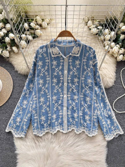Spring Full Sleeve Polo Collar Casual Blouses Women Embroidery Shirt