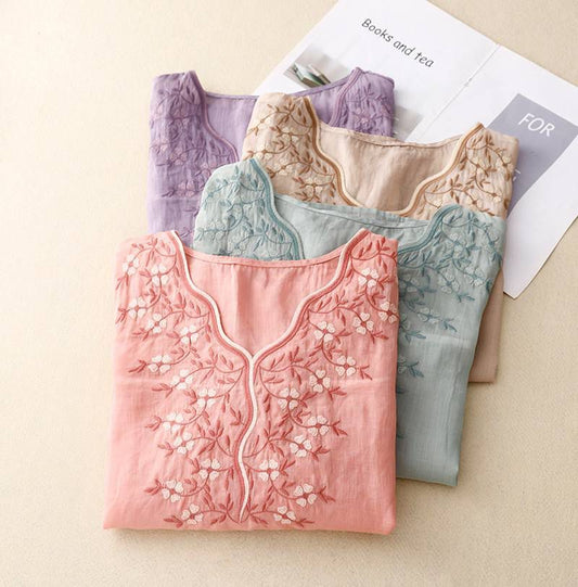 Women's Cotton Linen V Neck Retro Embroidered comfort Casual Top