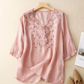 Women's Cotton Linen V Neck Retro Embroidered comfort Casual Top