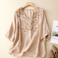 Women's Cotton Linen V Neck Retro Embroidered comfort Casual Top