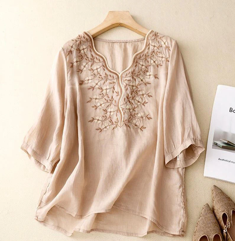 Women's Cotton Linen V Neck Retro Embroidered comfort Casual Top