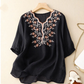 Women's Cotton Linen V Neck Retro Embroidered comfort Casual Top