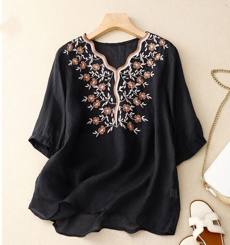 Women's Cotton Linen V Neck Retro Embroidered comfort Casual Top