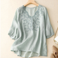 Women's Cotton Linen V Neck Retro Embroidered comfort Casual Top