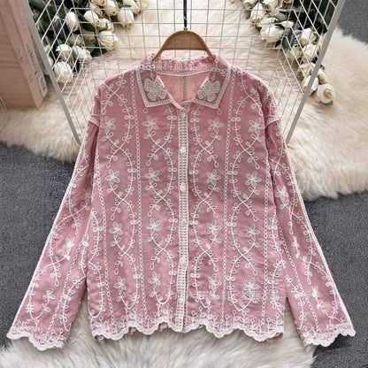 Spring Full Sleeve Polo Collar Casual Blouses Women Embroidery Shirt
