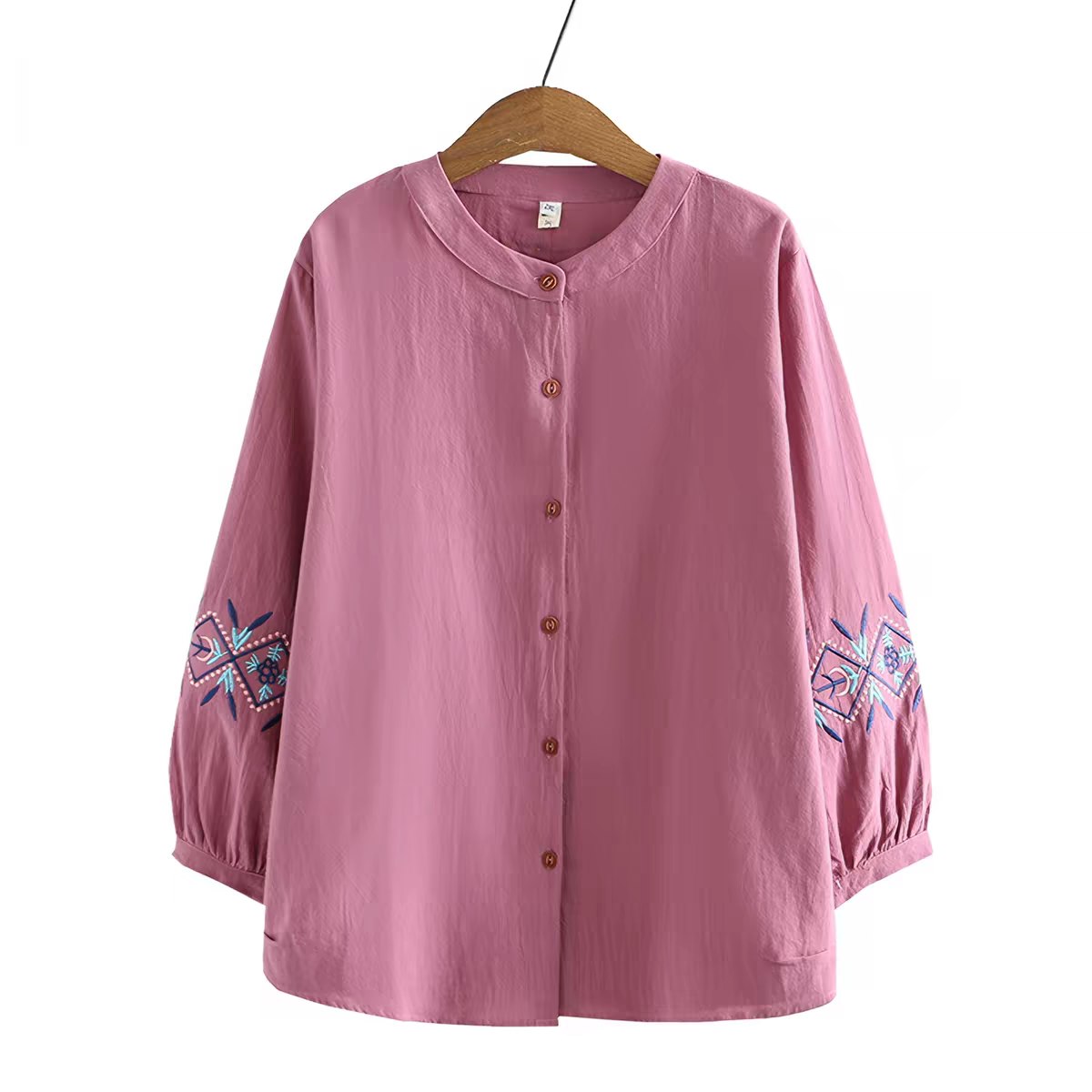 Geometry Embroidery Long Sleeve Button Cotton Linen Women's Shirts