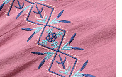 Geometry Embroidery Long Sleeve Button Cotton Linen Women's Shirts
