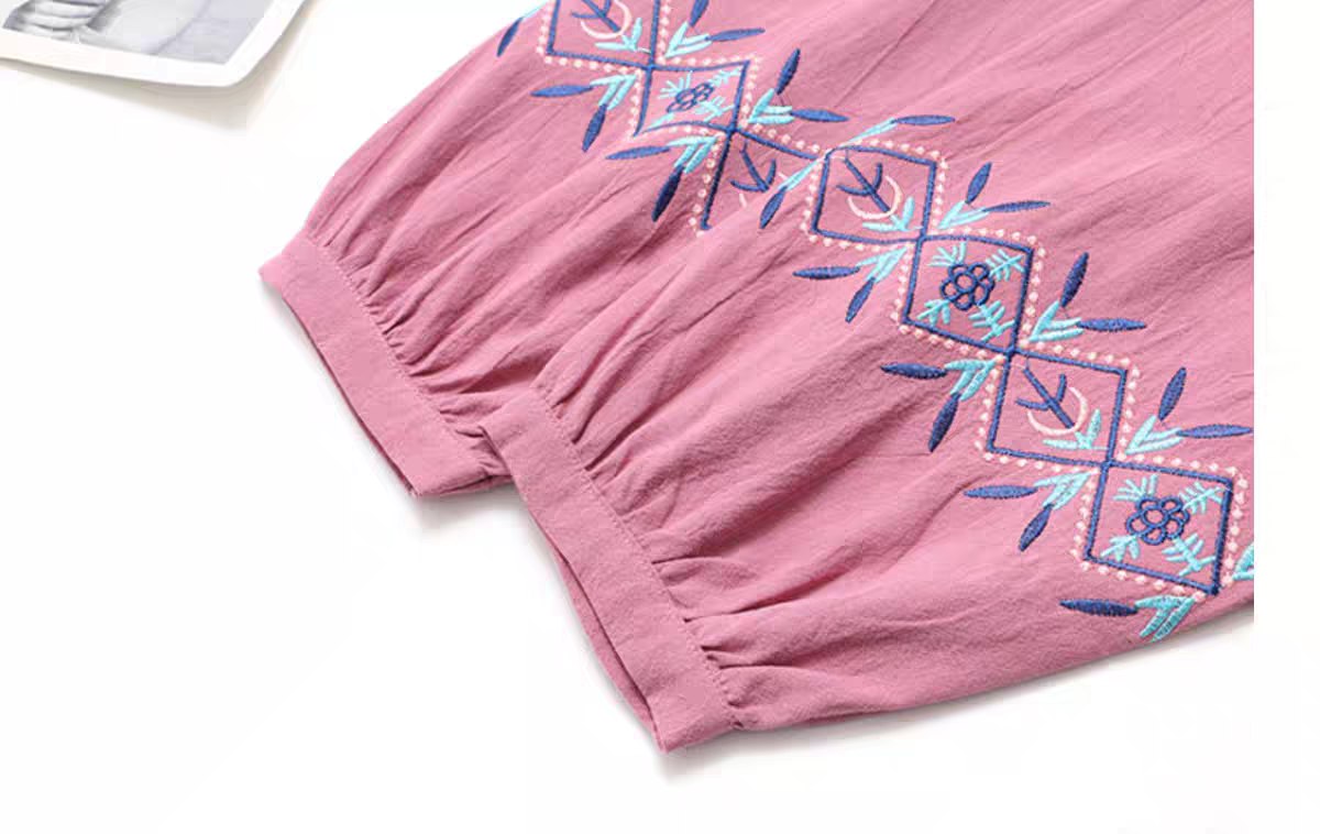 Geometry Embroidery Long Sleeve Button Cotton Linen Women's Shirts