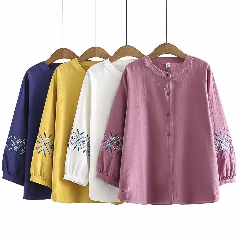 Geometry Embroidery Long Sleeve Button Cotton Linen Women's Shirts