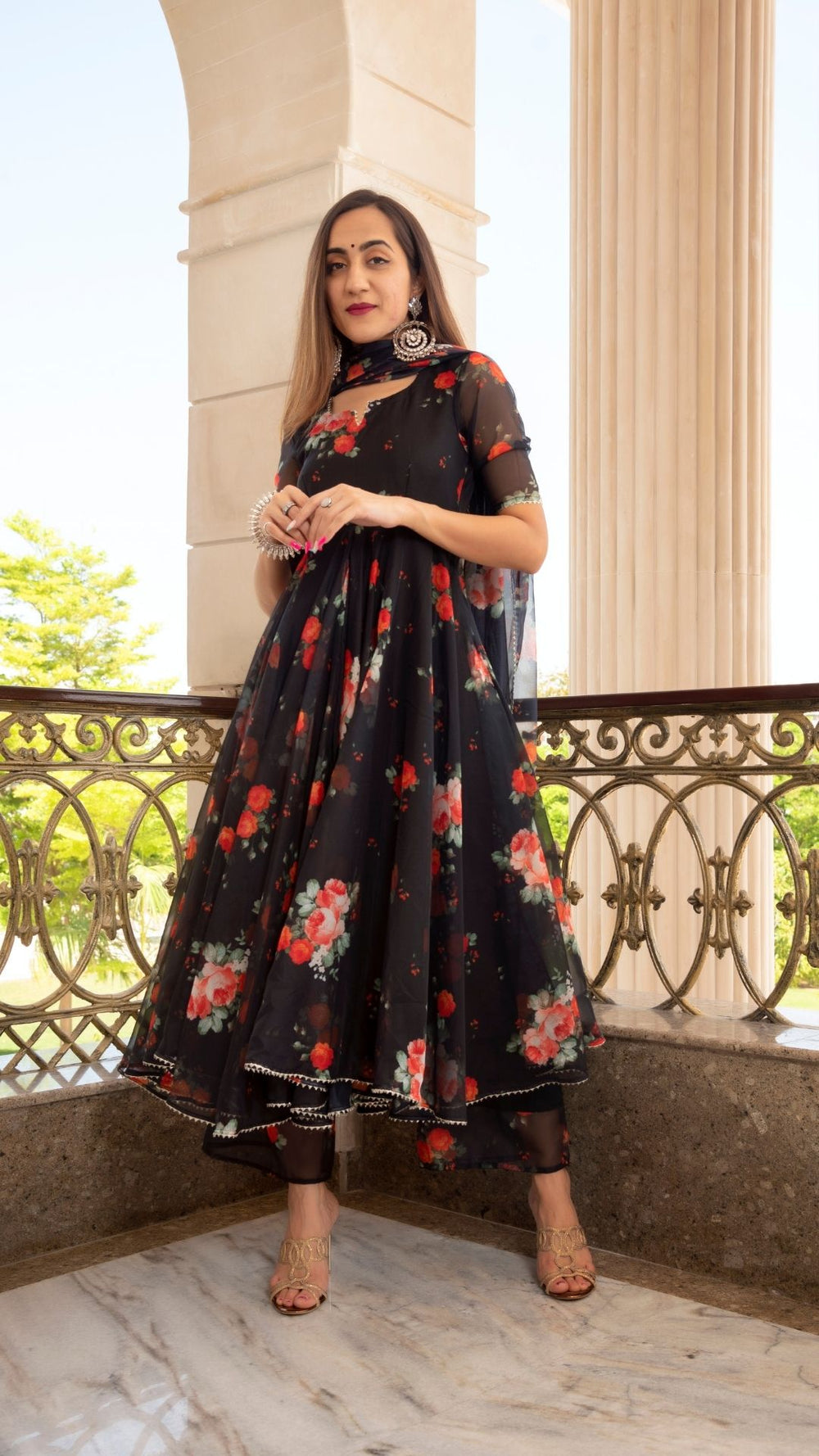 Elegant Red & Black Anarkali Set