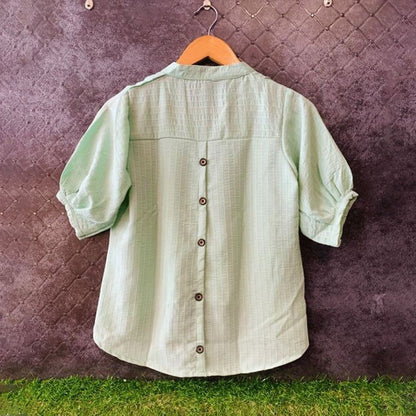 Green Summer Back Button Handloom Georgette Top